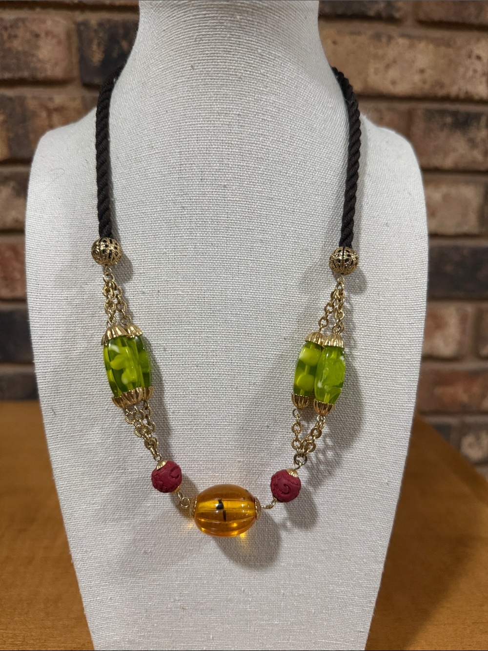 Vintage Amber, Cinnabar and Green Art beaded necklace